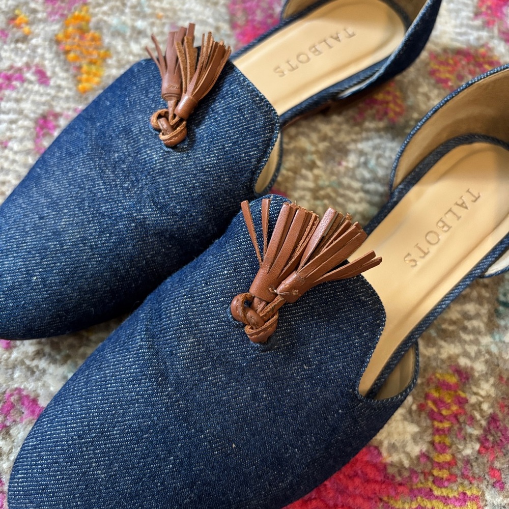 Talbots • blue denim loafers w/ brown tassels